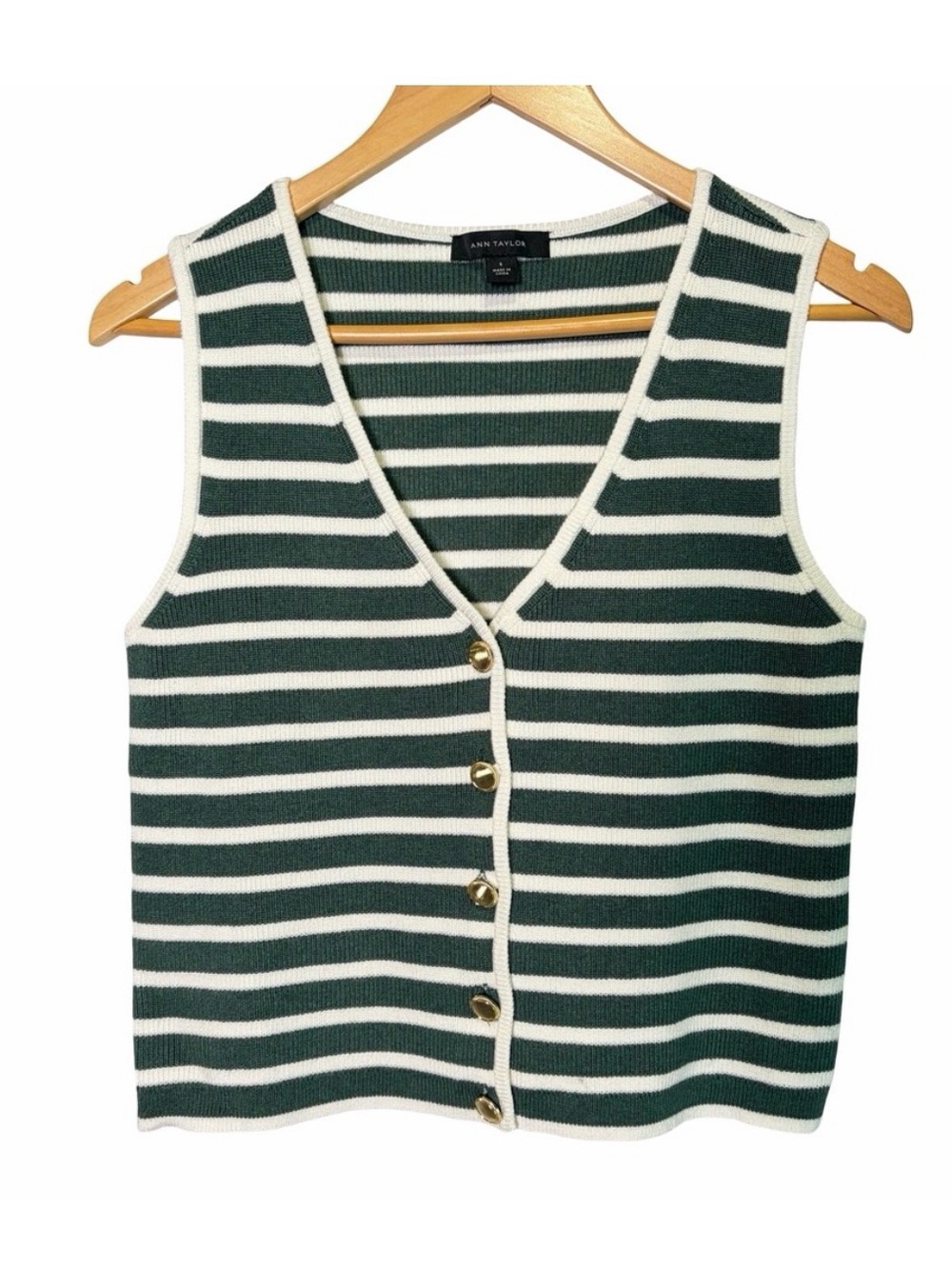 Ann Taylor Striped Ribbed Sweater Button Front Vest Green White - Picture 3 of 4